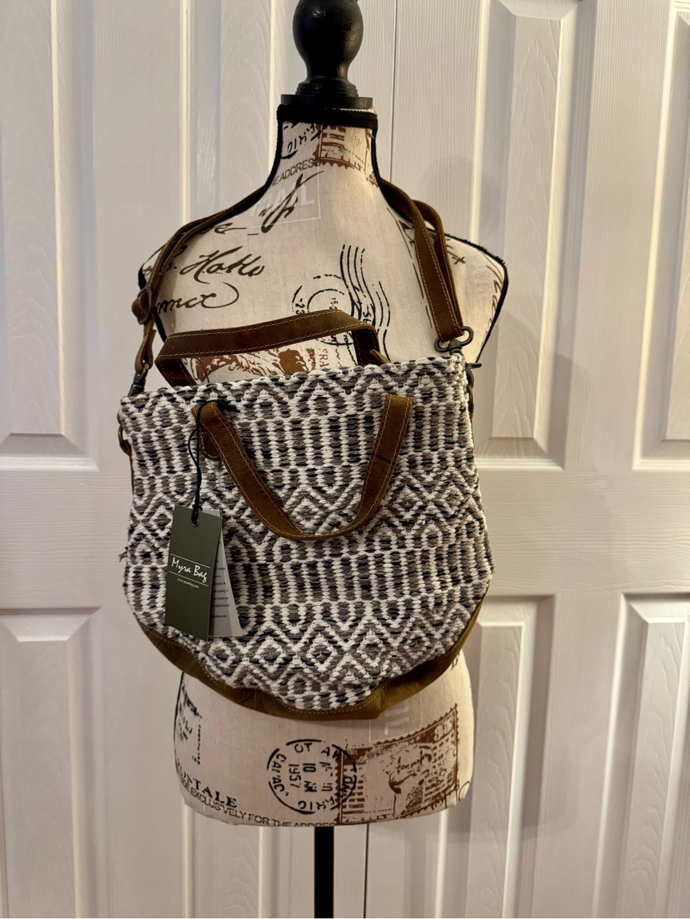 NWT - Myra Bag Woven Rug Leather Tote Shoulder Crossbody Bag Gray Brown